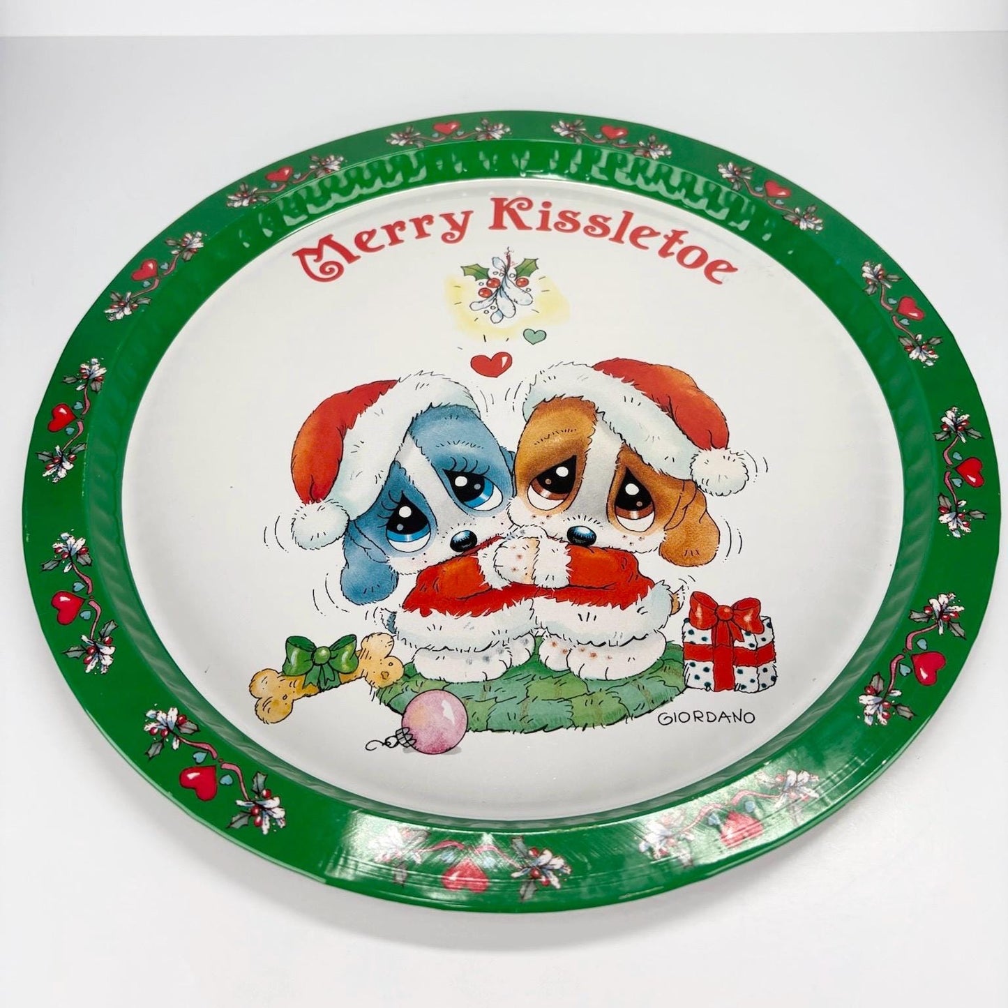 Vintage 'Merry Kissletoe' Metal Holiday Tray with Santa Puppies