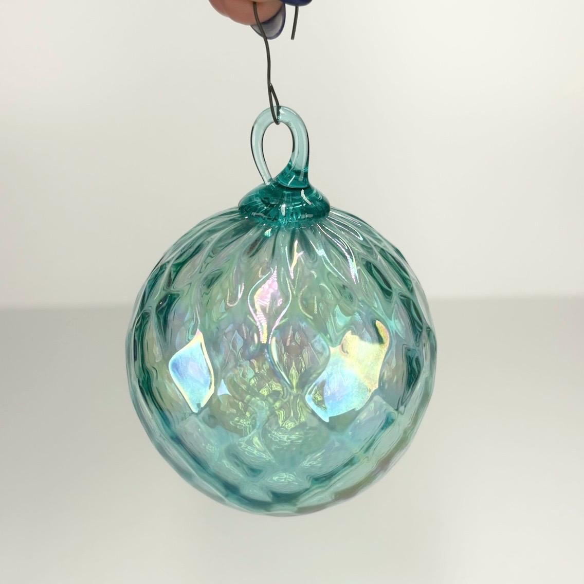 Vintage Hand Blown Aquamarine Blue Ornament with a Diamond Optic Pattern and Iridescent Finish