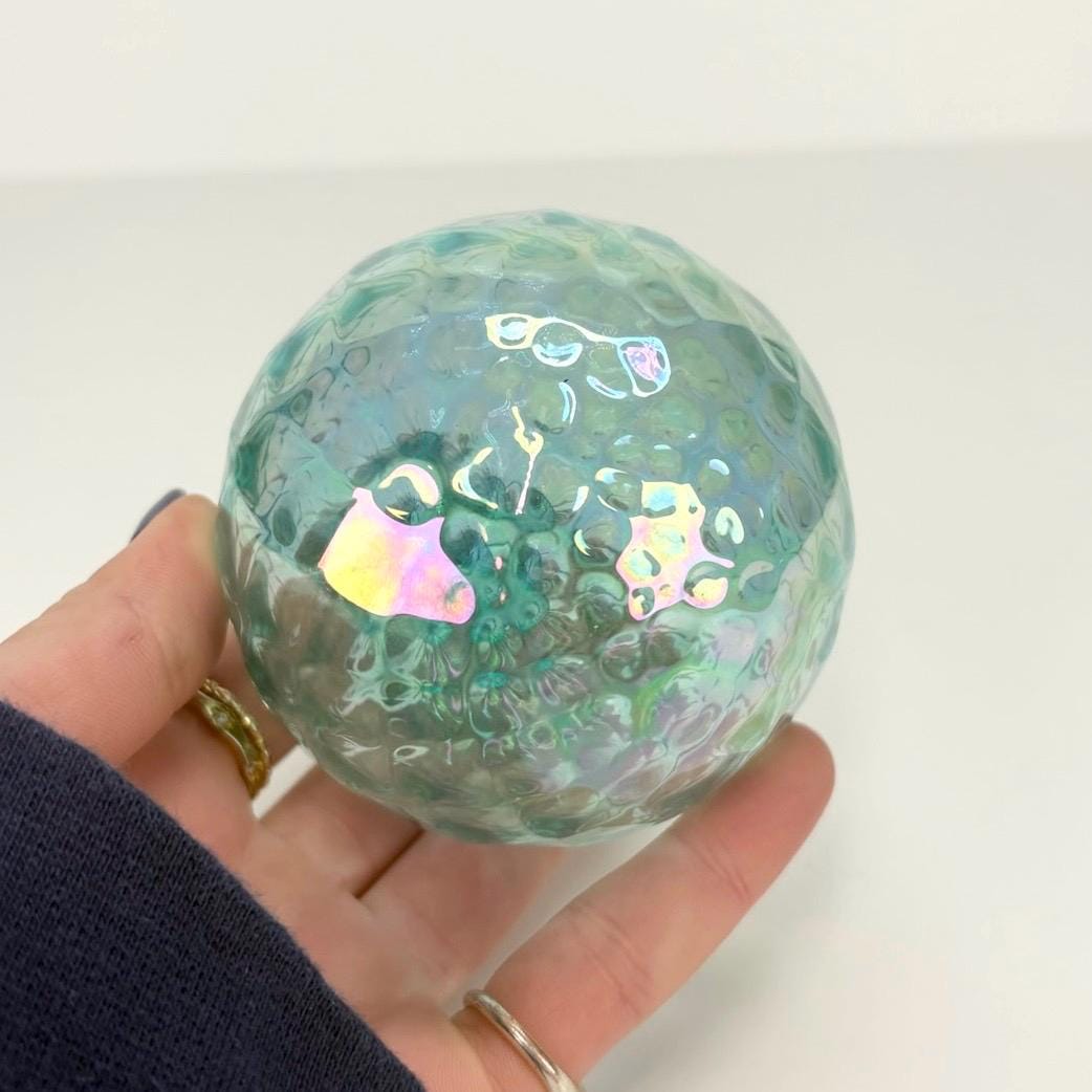 Vintage Hand Blown Aquamarine Blue Ornament with a Diamond Optic Pattern and Iridescent Finish