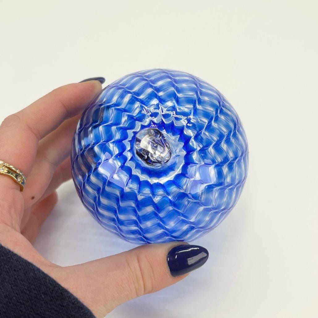 Vintage Hand Blown Blue Ornament with Blue Twisted Chevron Pattern