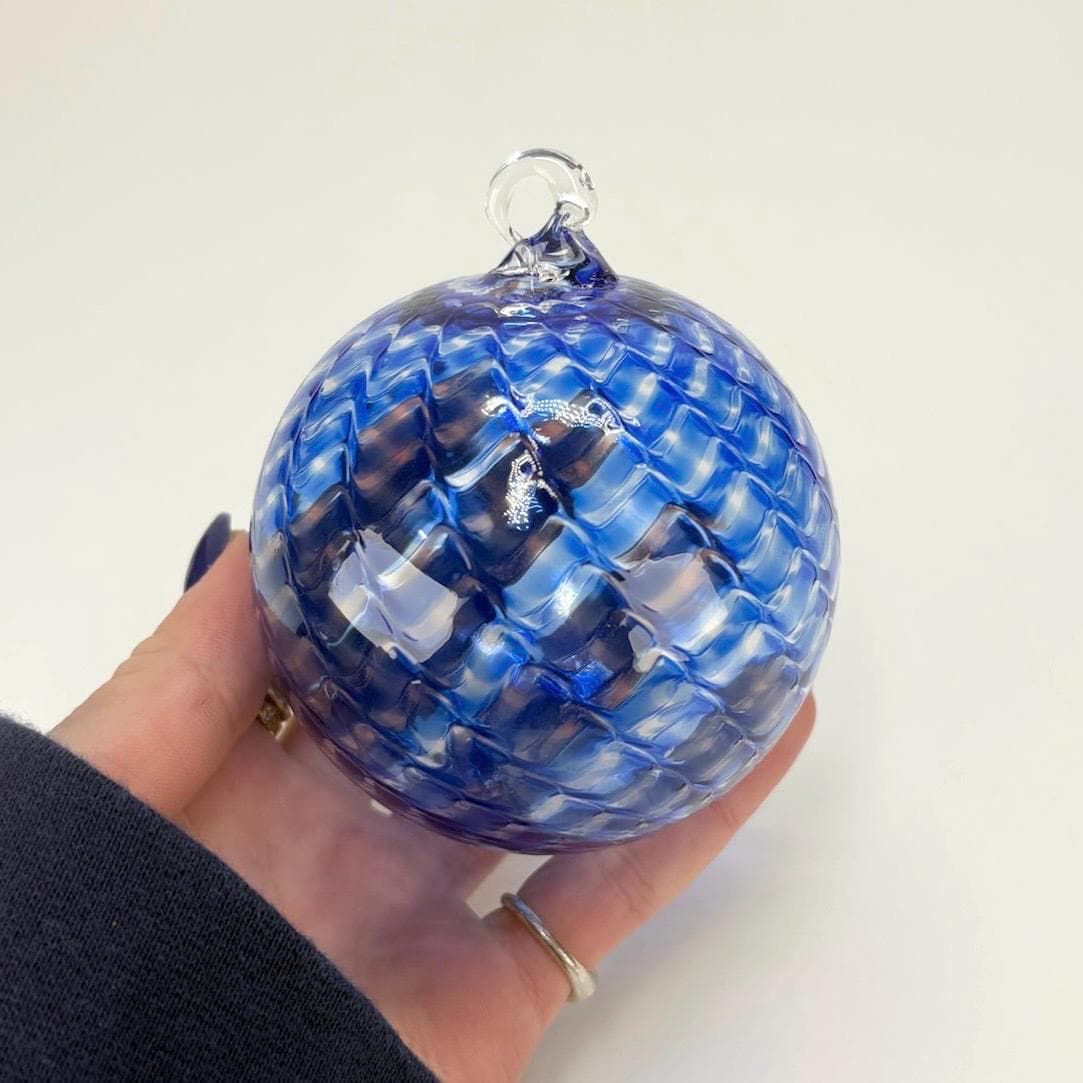 Vintage Hand Blown Blue Ornament with Blue Twisted Chevron Pattern