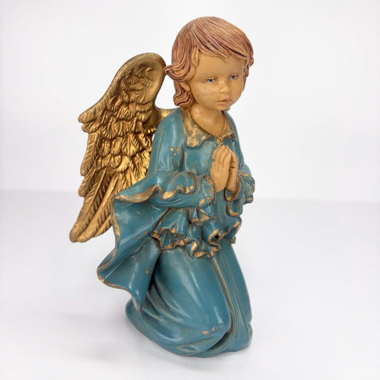 Vintage Italian Angel Figurine: Blue & Gold Praying Statue, Mid-Century Decor