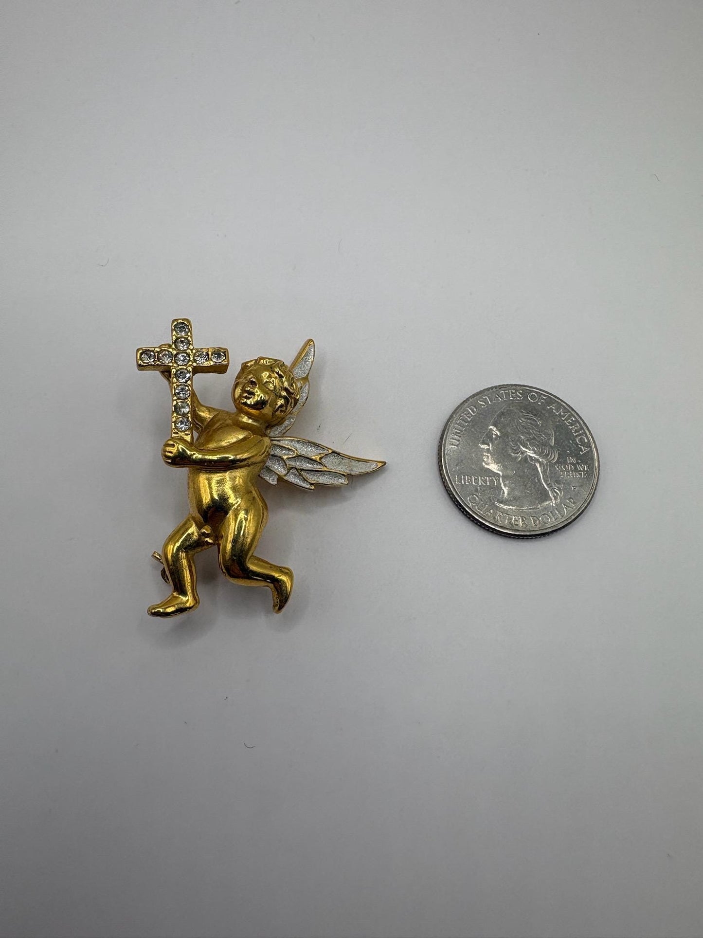 Vintage Angel Cherub Brooch with Rhinestone Cross and Stamped Buter