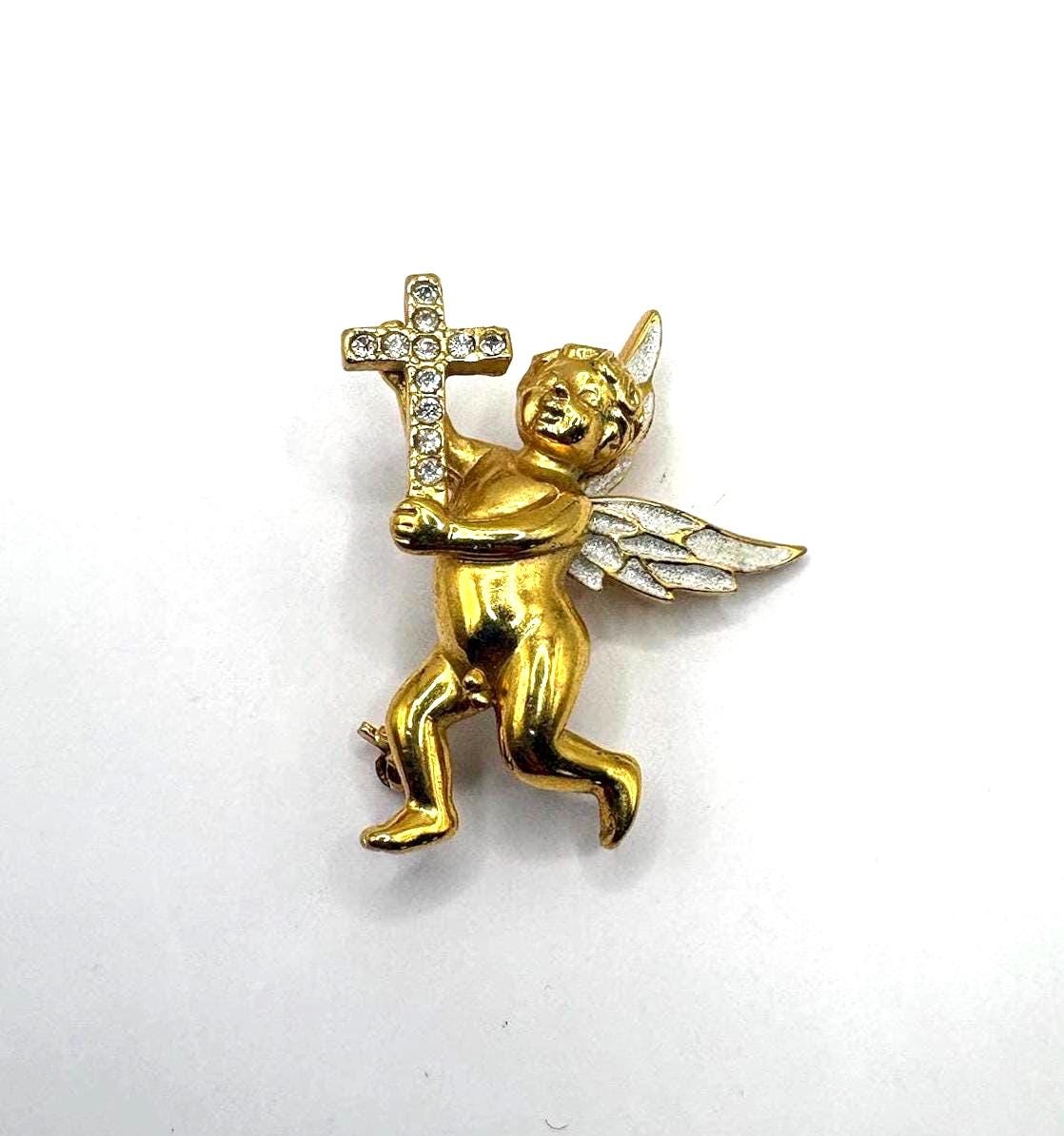 Vintage Angel Cherub Brooch with Rhinestone Cross and Stamped Buter