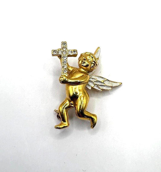 Vintage Angel Cherub Brooch with Rhinestone Cross and Stamped Buter