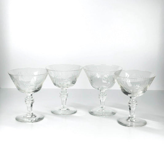 Set of 4 Vintage Etched Coupe Glasses | Champagne Cocktail Glasses | Old Hollywood Barware