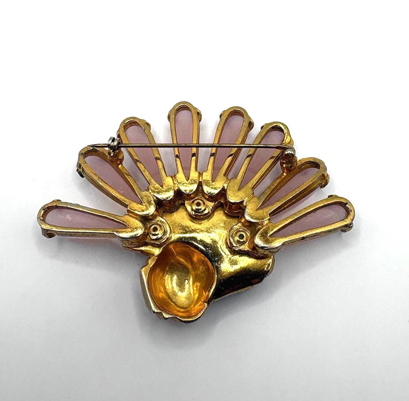 Vintage Pink Lucite Gold Tone Enamel Shell Pin