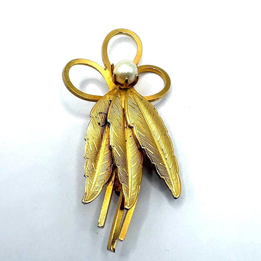Vintage Gold Tone Bow & Feather Brooch With Pearl Accent