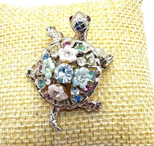 Vintage Rhinestone Turtle Brooch, Multicolor Floral Shell Pin