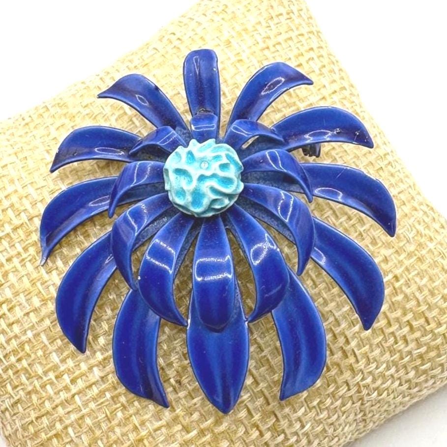 Vintage Blue Enamel Flower Brooch | Large Statement Floral Pin | Mid Century Modern Jewelry