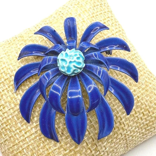 Vintage Blue Enamel Flower Brooch | Large Statement Floral Pin | Mid Century Modern Jewelry
