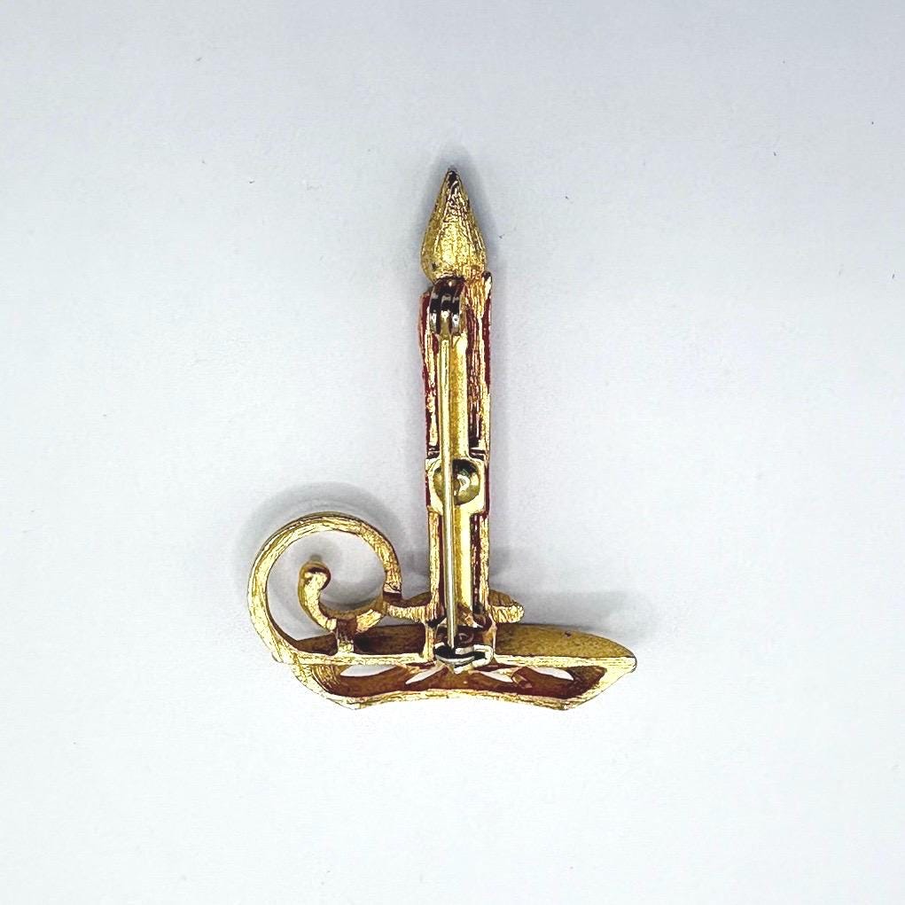 Vintage Candlestick Brooch in Gold Tone with Red Rhinestone Flame