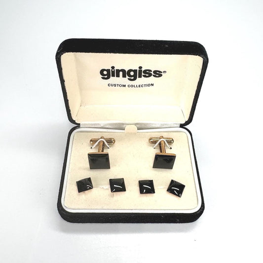 Vintage Gingiss Cufflinks and Shirt Stud Set Black Square Gold Tone Formal Wear Custom Collection in Original Case