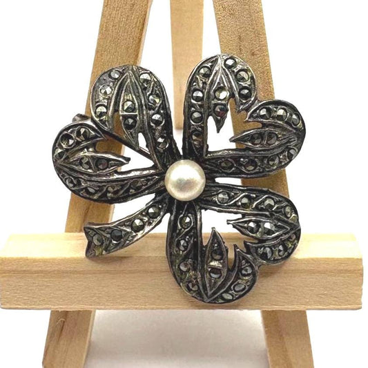 Vintage Marcasite Clover Brooch with Faux Pearl