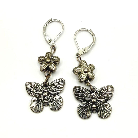 Metal Dangle Earrings in Silver Tone with Flower and Butterfly Design