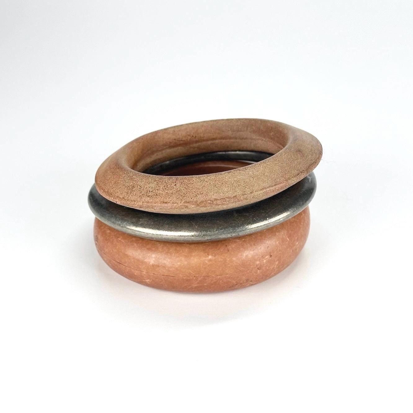 Vintage Wooden and Silver Bangle Stackable Trio Set
