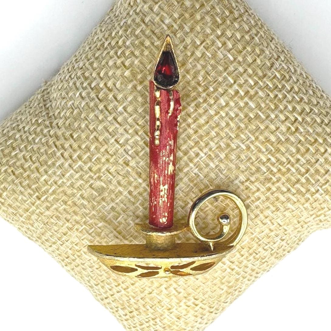 Vintage Candlestick Brooch in Gold Tone with Red Rhinestone Flame