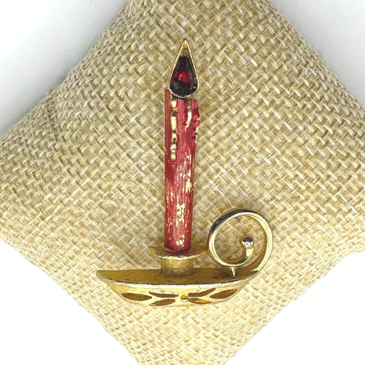 Vintage Candlestick Brooch in Gold Tone with Red Rhinestone Flame