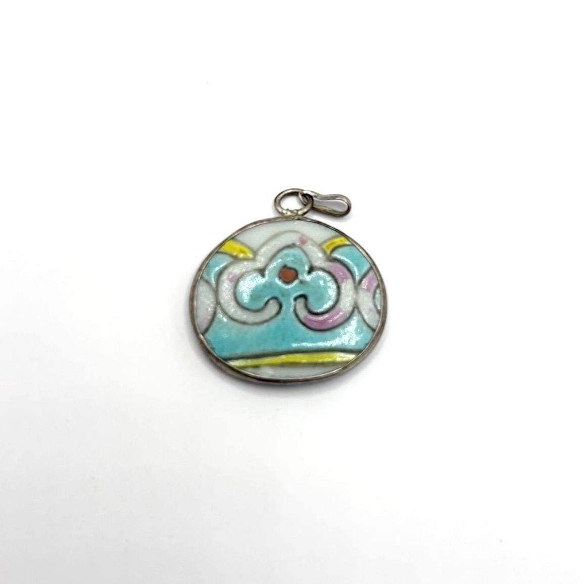 Vintage Sterling Silver Enamel Pendant Charm 925 Round Pastel Cloisonné Style Mid Century
