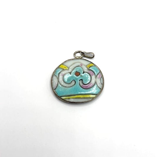 Vintage Sterling Silver Enamel Pendant Charm 925 Round Pastel Cloisonné Style Mid Century