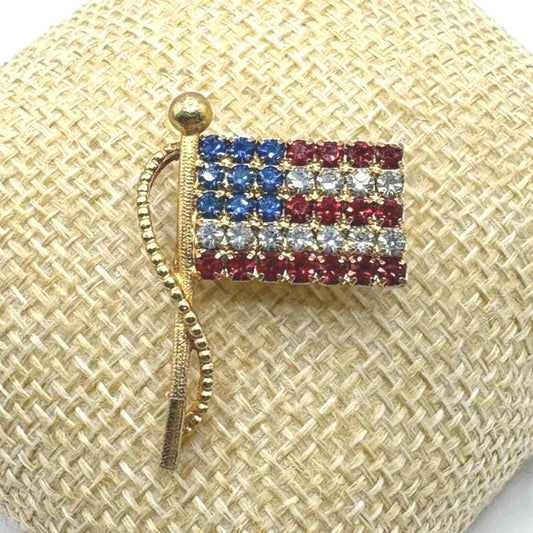 Vintage Gold Tone Brooch Pin of USA Flag with Red, White & Blue Rhinestones
