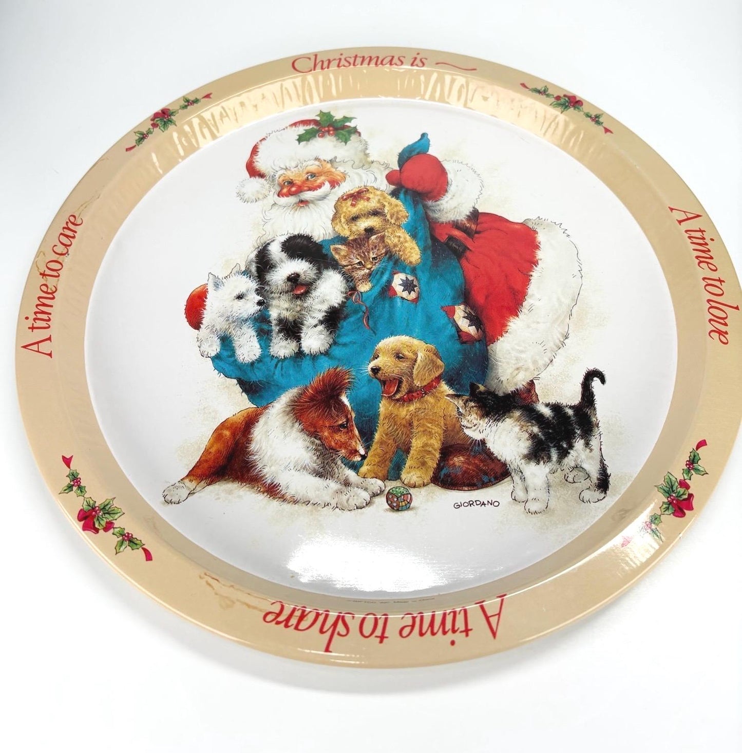 Vintage Metal Serving Tray with Picture of Santa with Puppies and Kittens Made Giordano