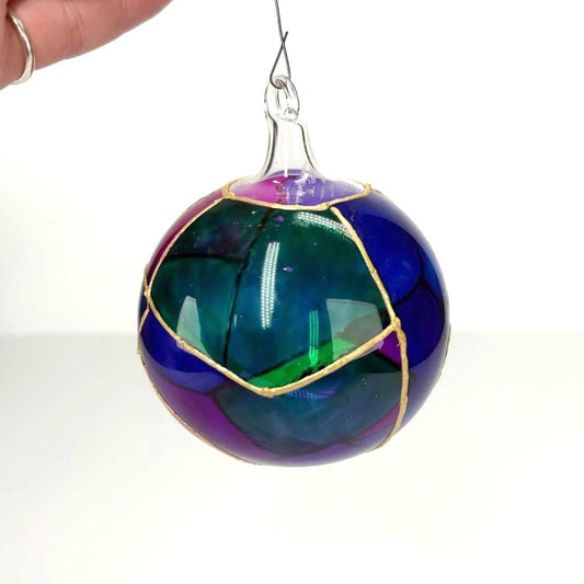 Vintage Hand Blown Glass Ornament with Patchwork Design Outlined with Gold-Colored Trim