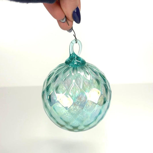 Vintage Hand Blown Aquamarine Blue Ornament with a Diamond Optic Pattern and Iridescent Finish