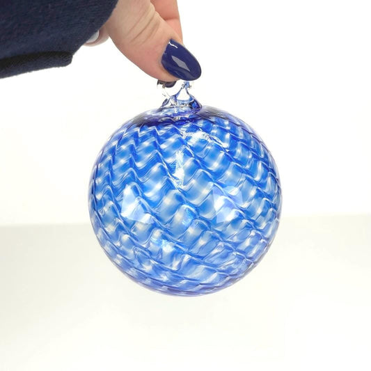 Vintage Hand Blown Blue Ornament with Blue Twisted Chevron Pattern