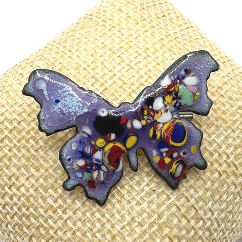 Vintage Enamel Butterfly Brooch with Abstract Confetti Design