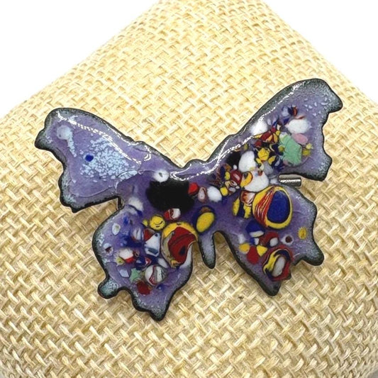 Vintage Enamel Butterfly Brooch with Abstract Confetti Design
