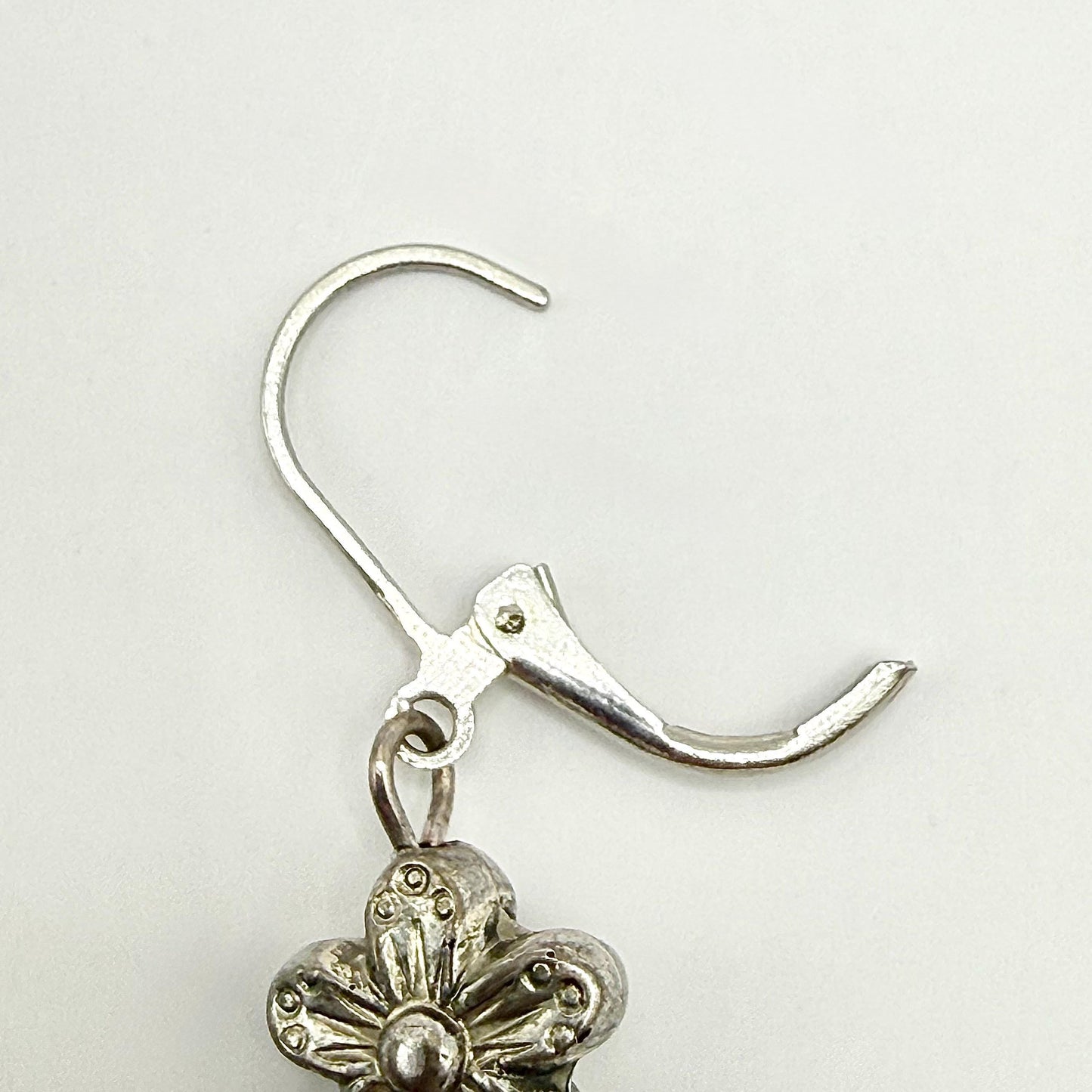 Metal Dangle Earrings in Silver Tone with Flower and Butterfly Design