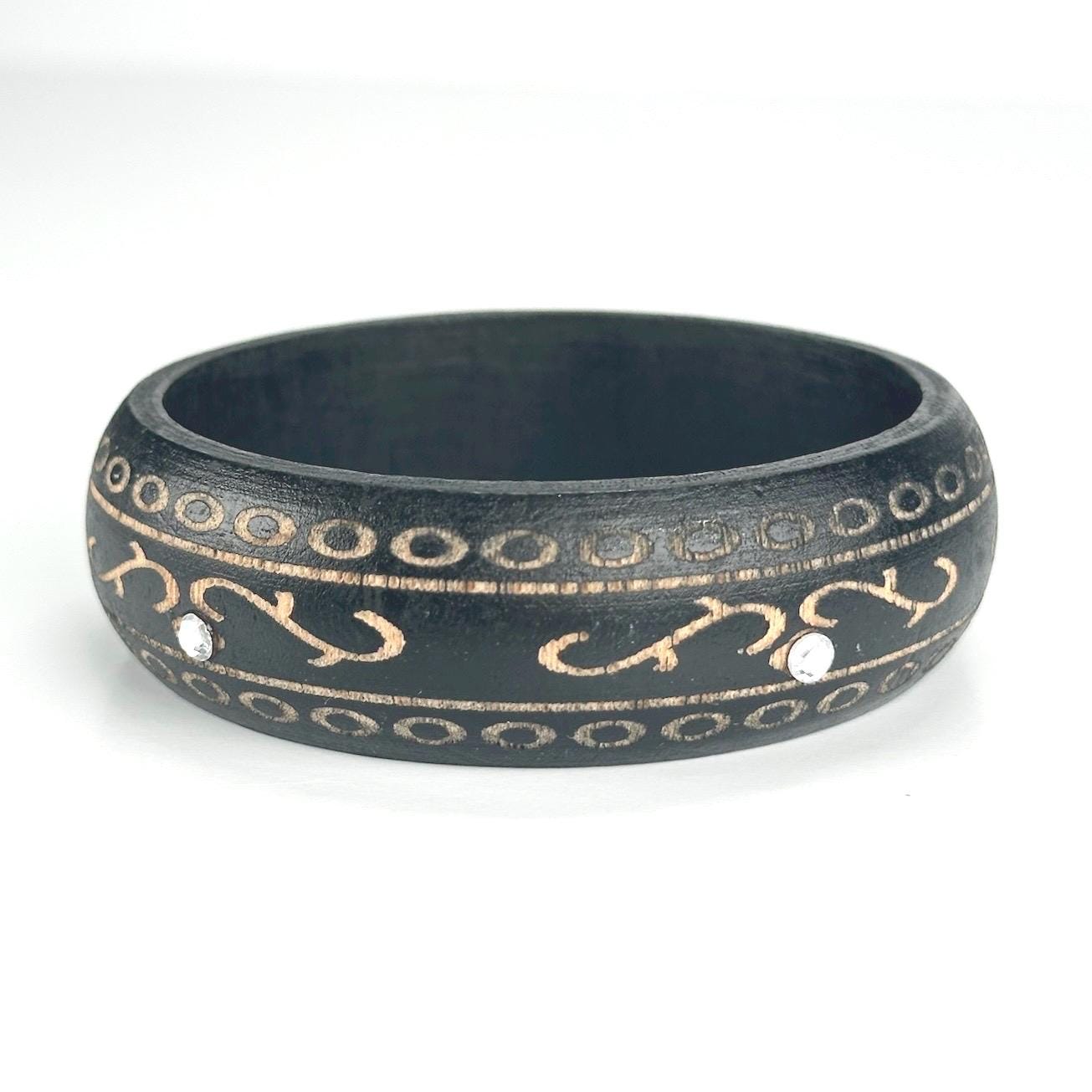 Vintage Dark Wooden Bangle with Golden Design and Rhinestones