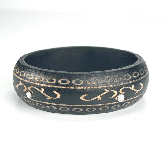 Vintage Dark Wooden Bangle with Golden Design and Rhinestones
